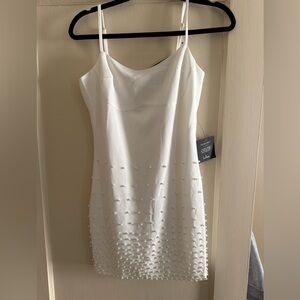 Lulu's White Mini Dress with Pearl Accents